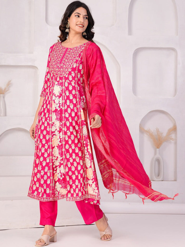 Women's Floral Printed Regular Thread Work Kurta with Palazzos & With Dupatta