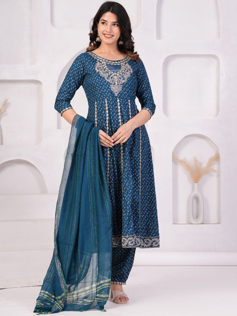 Women's Ethnic Motifs Printed Panelled Thread Work Kurta With Trousers & Dupatta