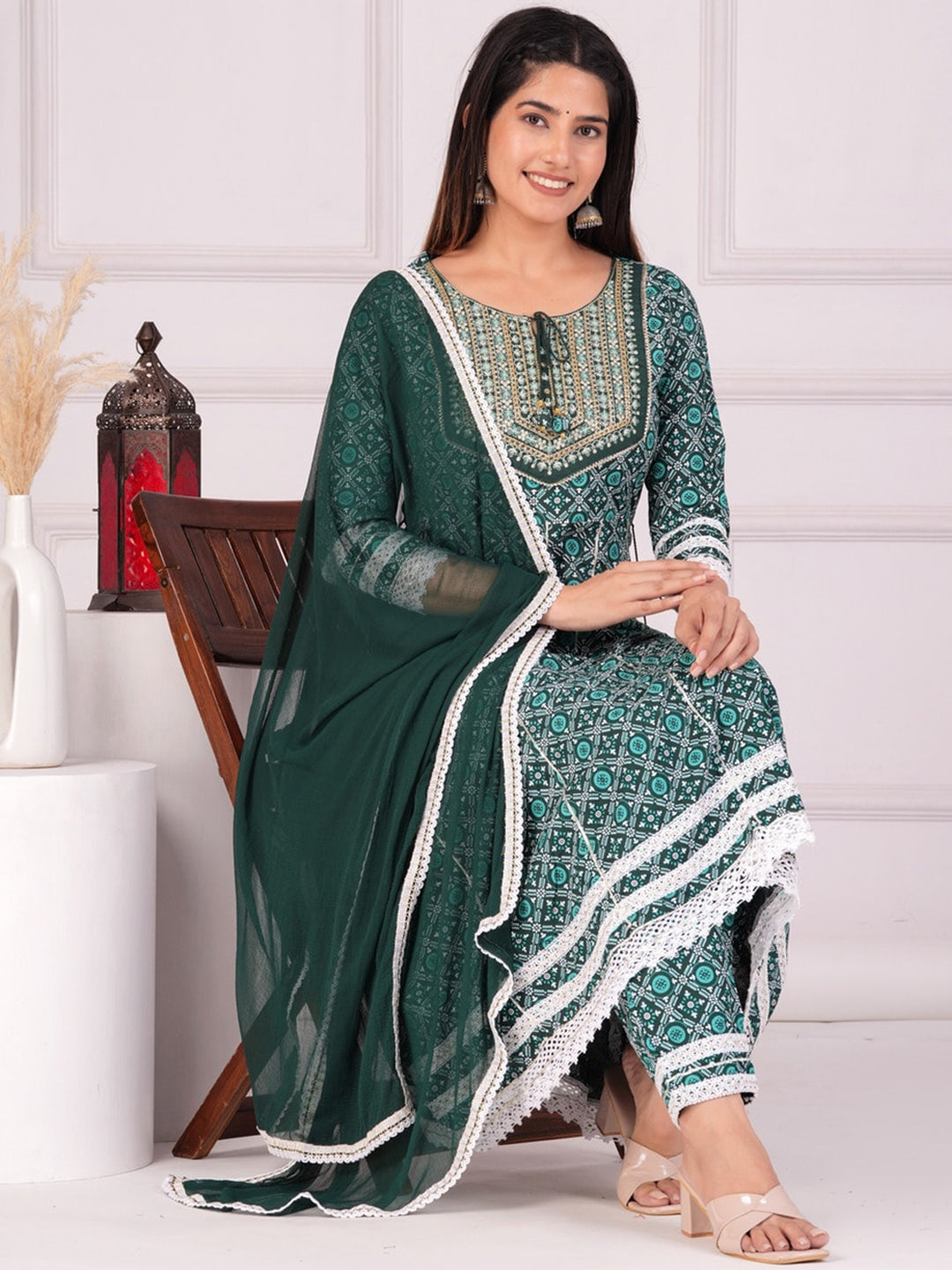 Women's Ethnic Motifs Printed Regular Anarkali Kurta & Palazzos With Dupatta - Taantav