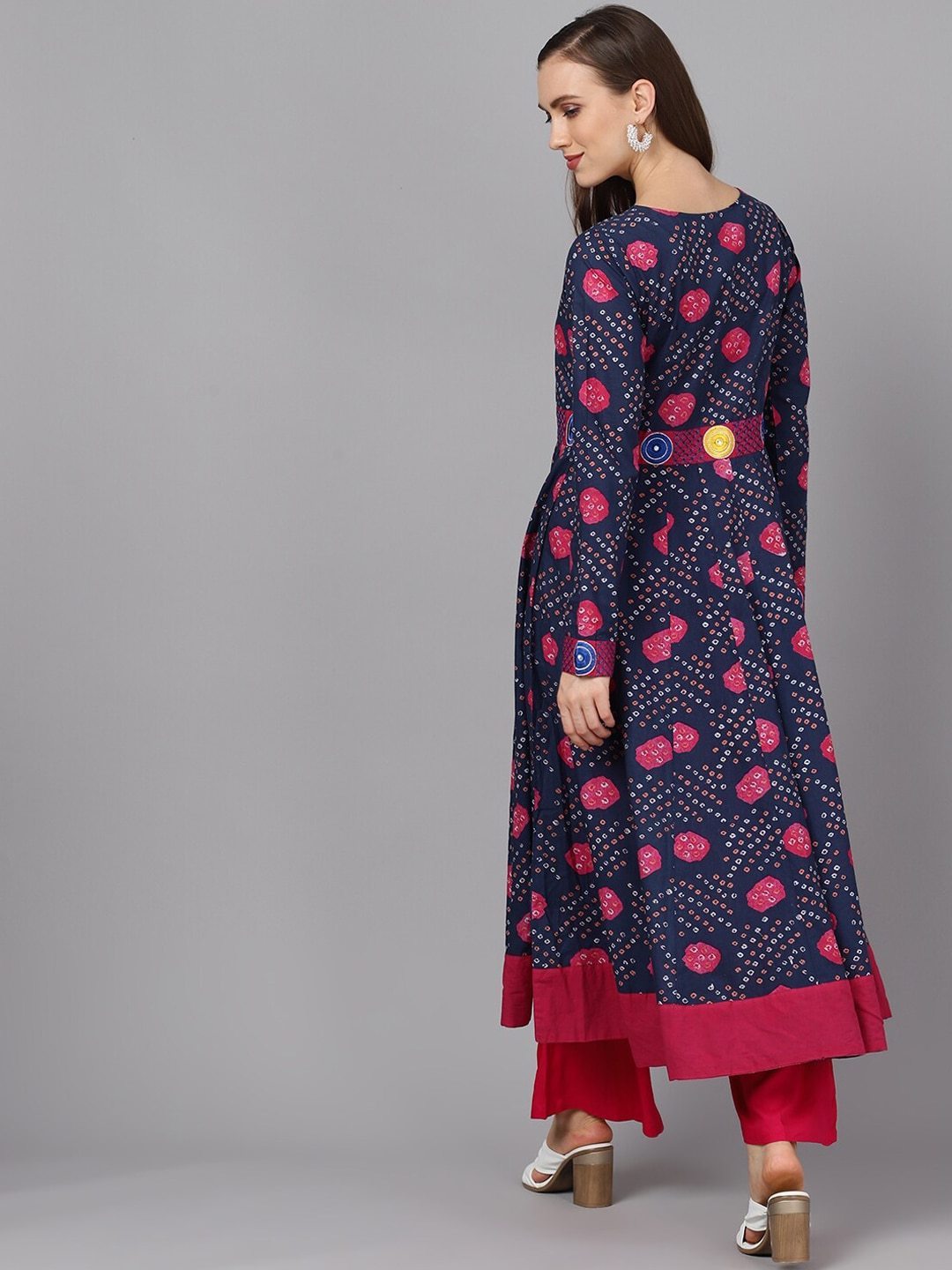 Women's  Navy Blue & Magenta Bandhani Printed Anarkali Kurta -