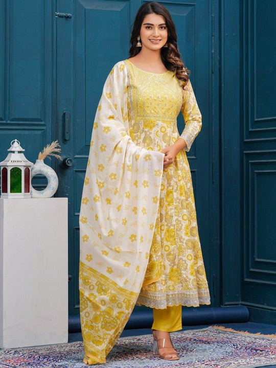 Women's Floral Embroidered Regular Pure Cotton Kurta with Trousers & With Dupatta - Taantav