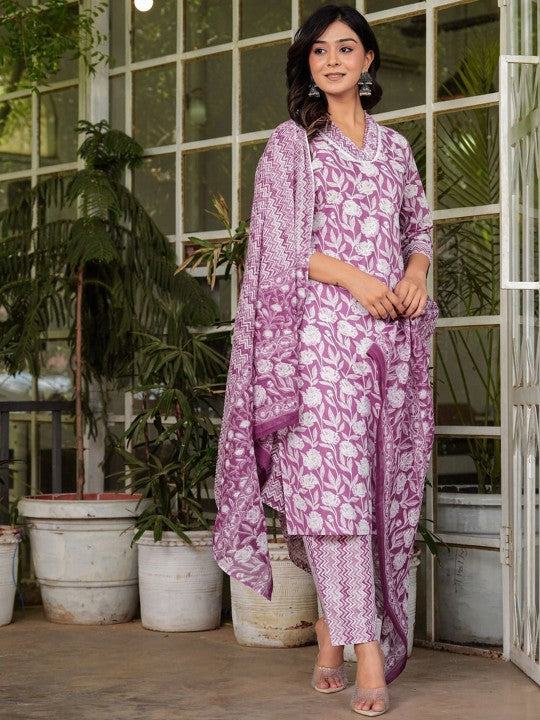 Women's Floral Printed V-Neck Cotton Straight Kurta Trousers & With Dupatta
