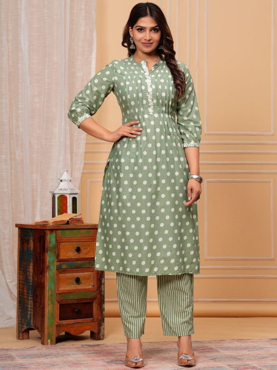 Women's Geometric Printed Thread Work Regular Pure Cotton Kurta with Palazzos & Dupatta - Taantav