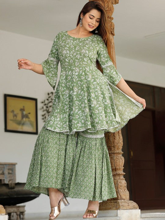 Women's Floral Printed Bell Sleeves Gotta Patti Kurta with Sharara & With Dupatta