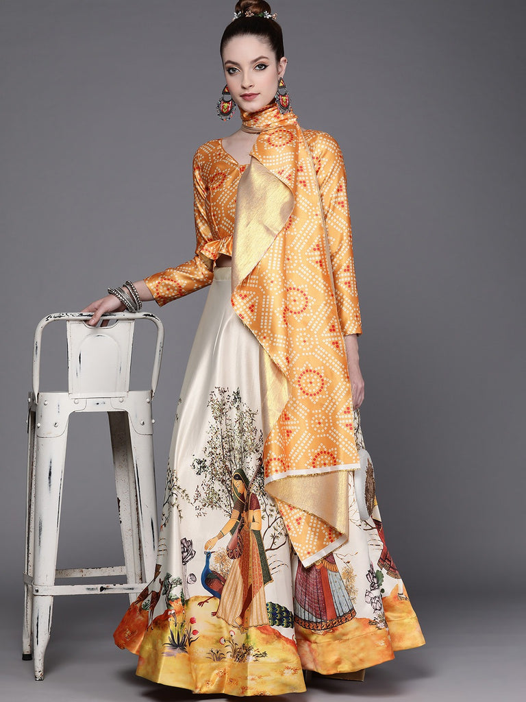 Women's Ethnic Motifs Digital Print Shiney Satin Croptop Lehenga Choli With Unstitched Blouse