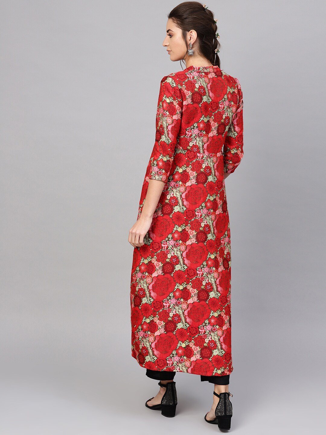 Women's  Red & Green Self Design Longline Ethnic Jacket -