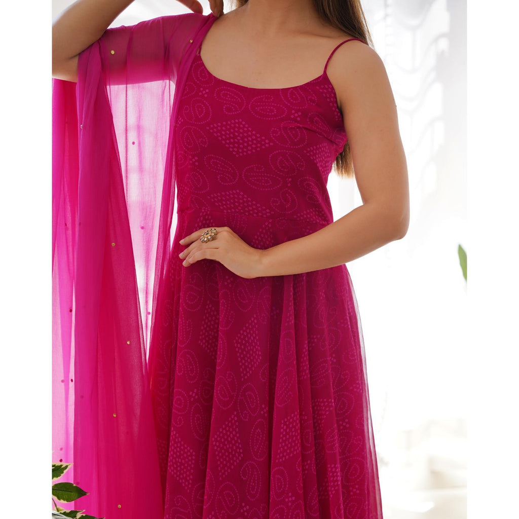 Women's Magenta Bandhani Anarkali Kurta With Dupatta