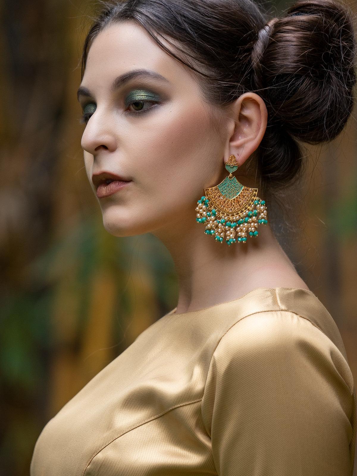 Women's Elegant Golden Tone Half-Moon Light Green Dangle Earring