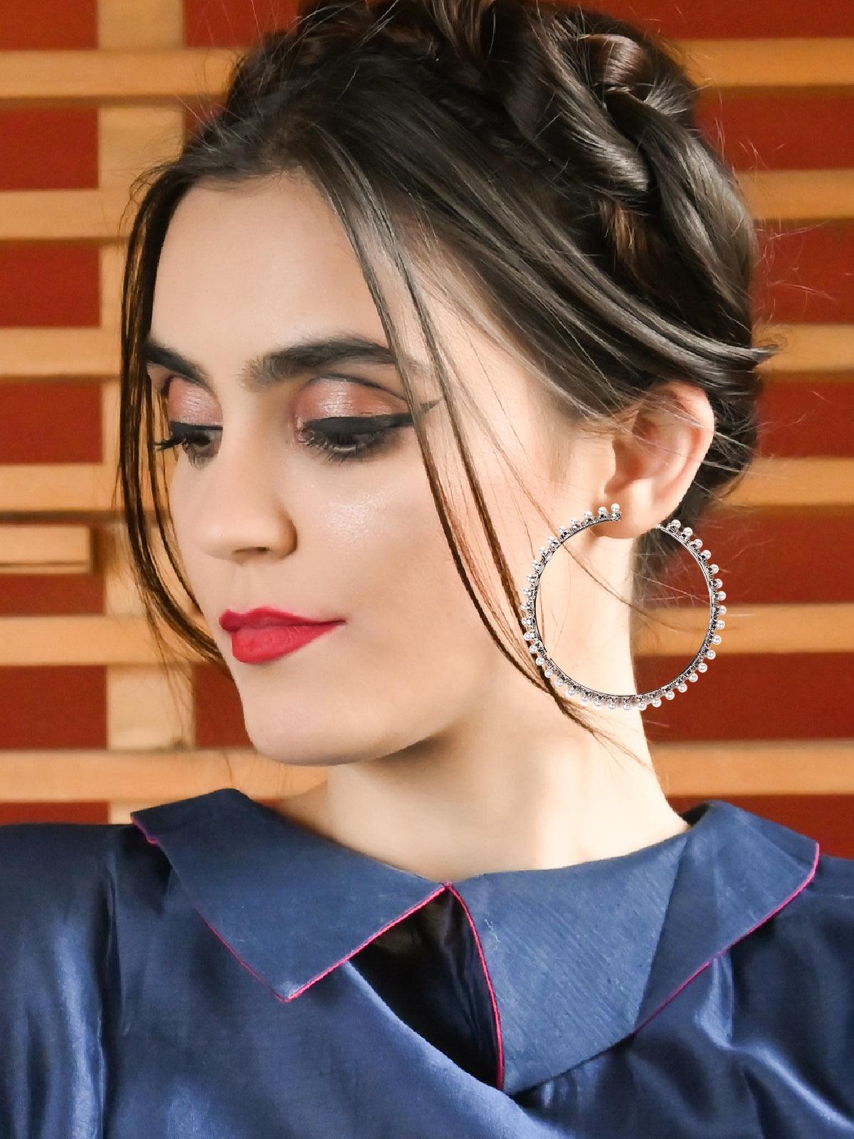 Women's Elegant Pearl Hoop Earrings -Silve