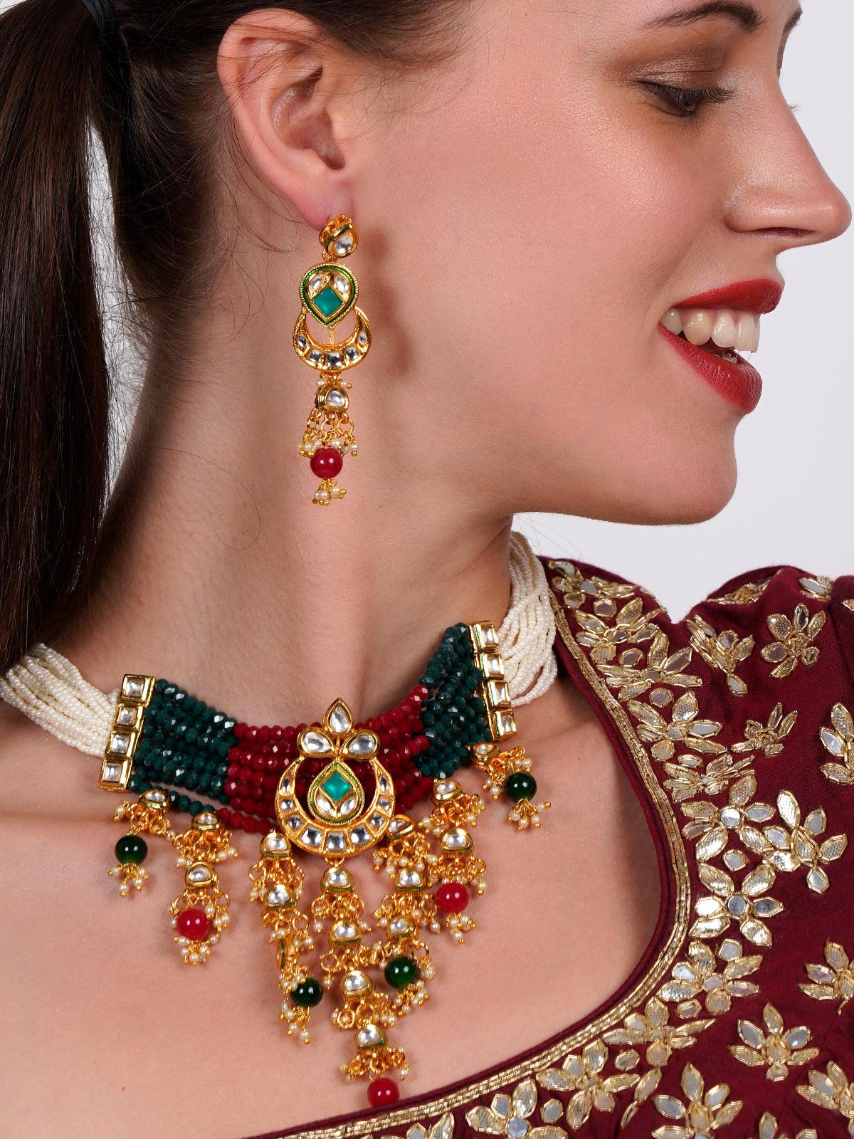 Women's Elegant Red-Green Crystal, Pearl, & Kundan Choker With Earrings
