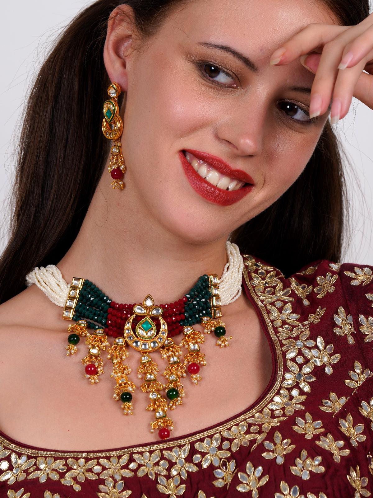 Women's Elegant Red-Green Crystal, Pearl, & Kundan Choker With Earrings