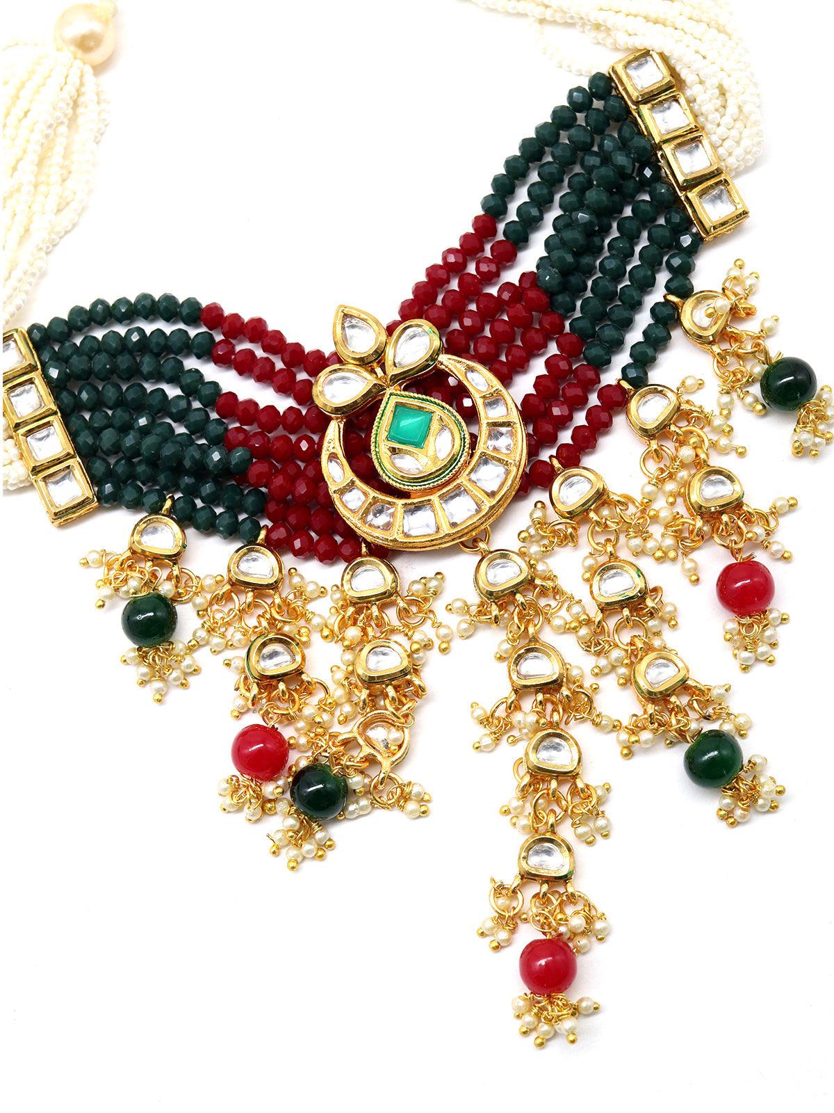 Women's Elegant Red-Green Crystal, Pearl, & Kundan Choker With Earrings