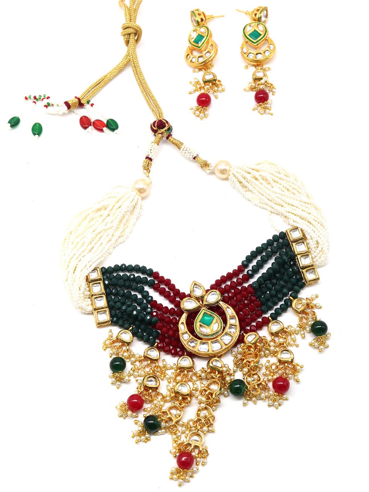 Women's Elegant Red-Green Crystal, Pearl, & Kundan Choker With Earrings