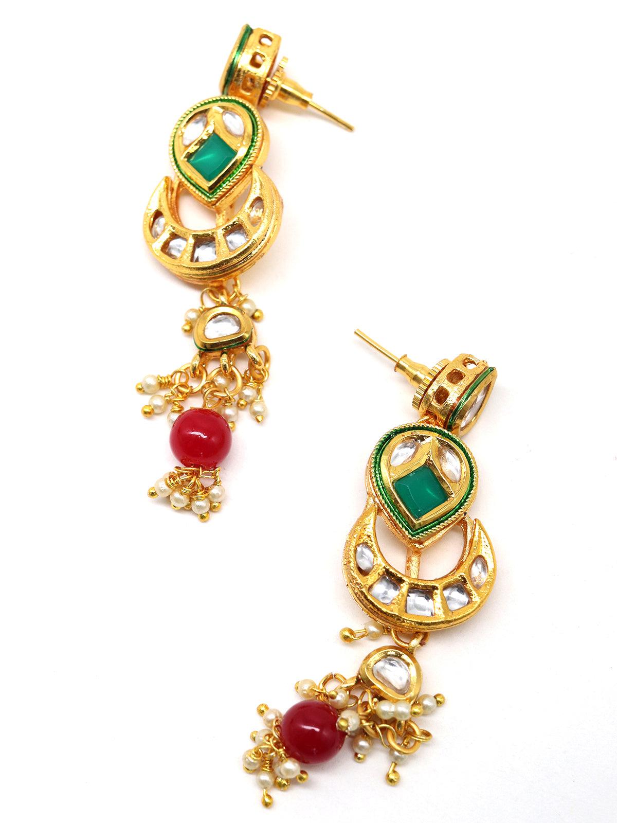Women's Elegant Red-Green Crystal, Pearl, & Kundan Choker With Earrings
