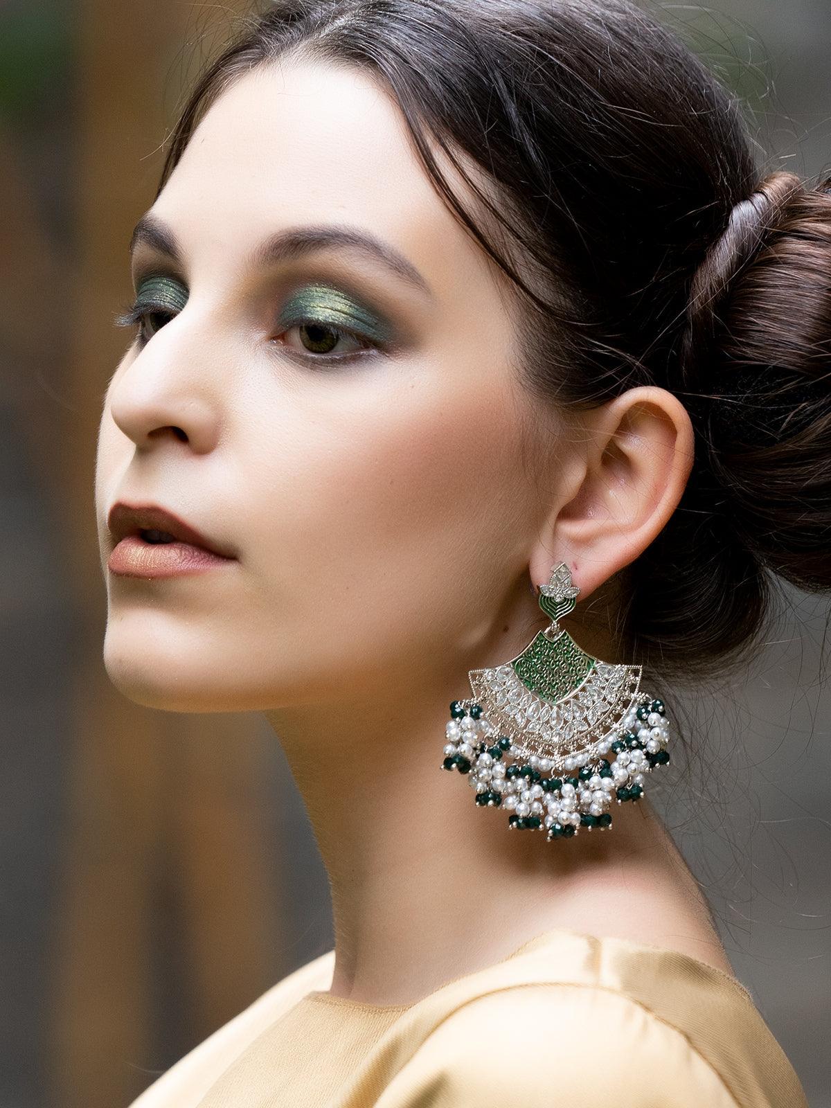 Women's Elegant Silver Tone Half-Moon Bottle Green Dangle Earrings