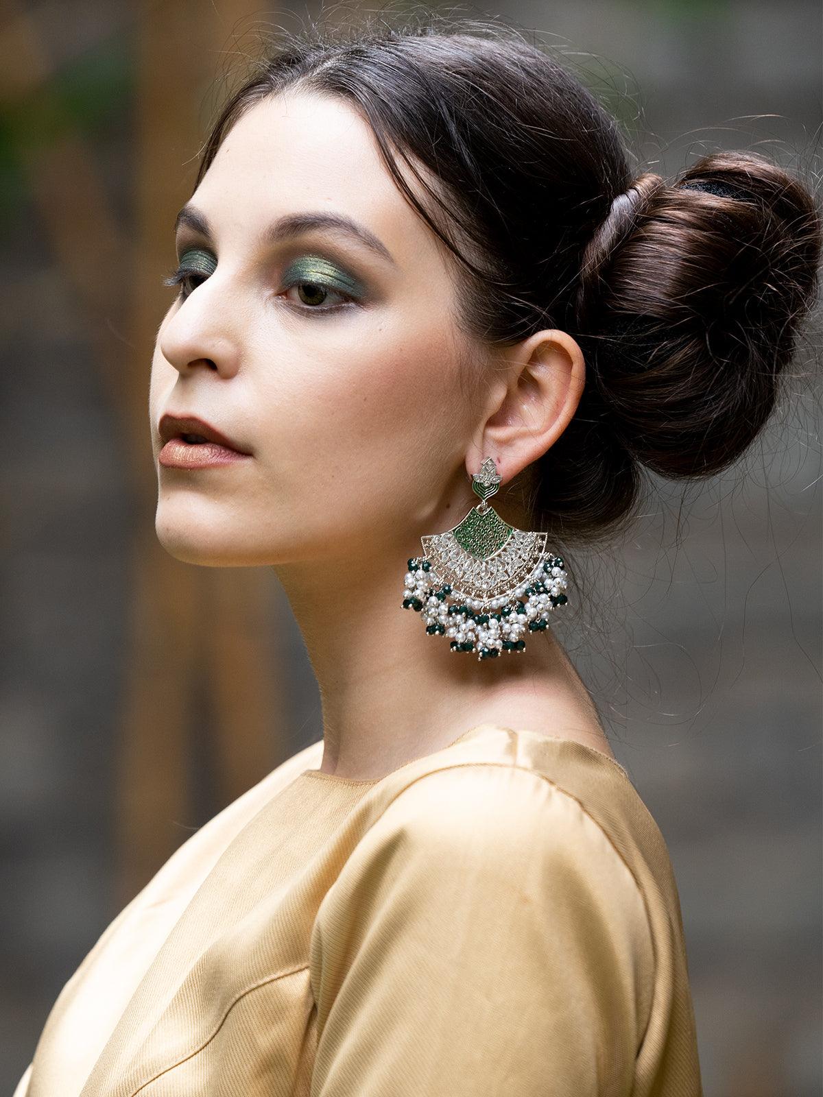 Women's Elegant Silver Tone Half-Moon Bottle Green Dangle Earrings