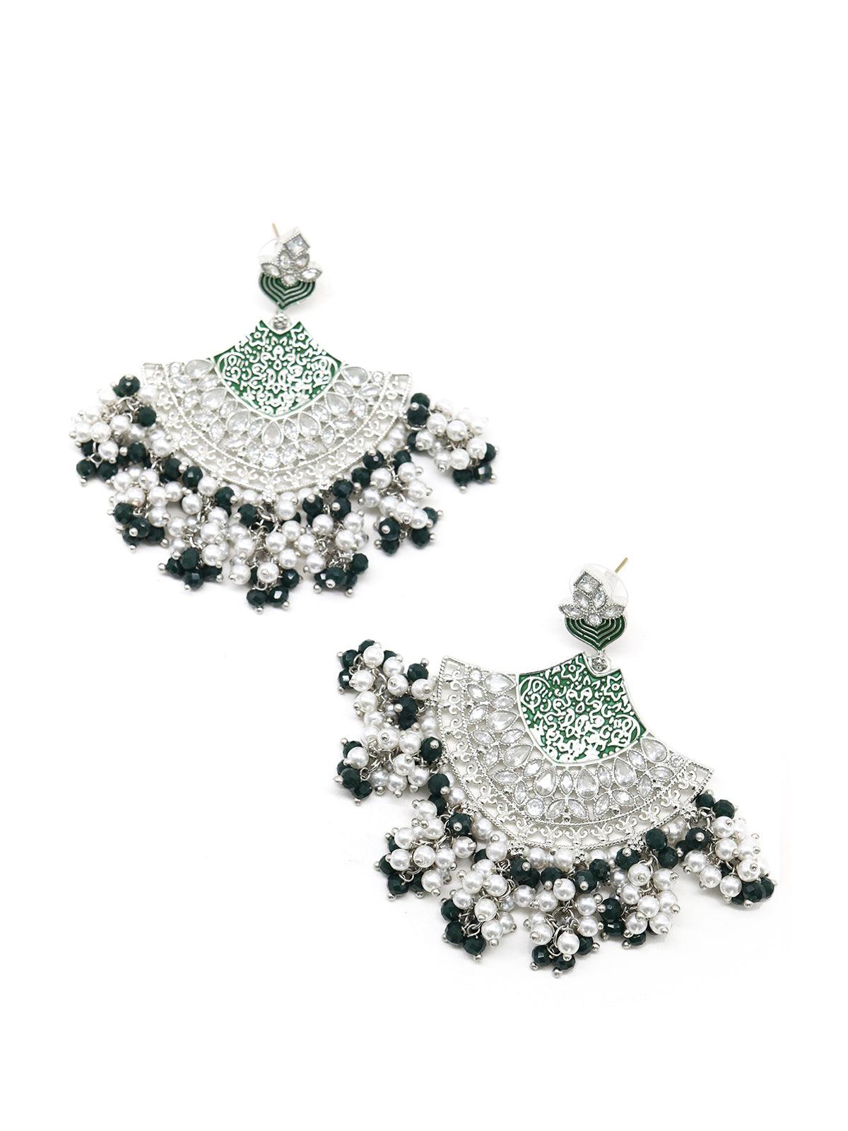 Women's Elegant Silver Tone Half-Moon Bottle Green Dangle Earrings