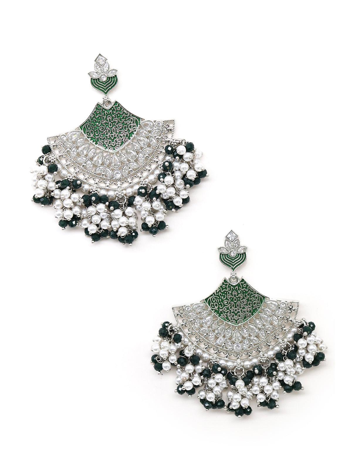 Women's Elegant Silver Tone Half-Moon Bottle Green Dangle Earrings