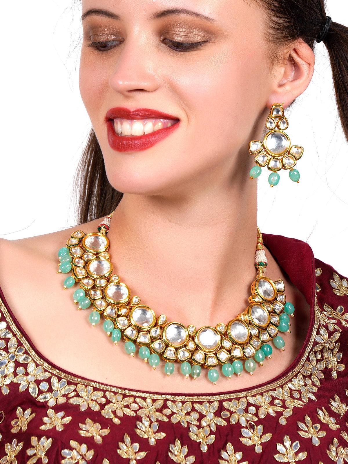 Women's Ethnic Heavy Semiprecious Kundan & Enameled Necklace With Earrings