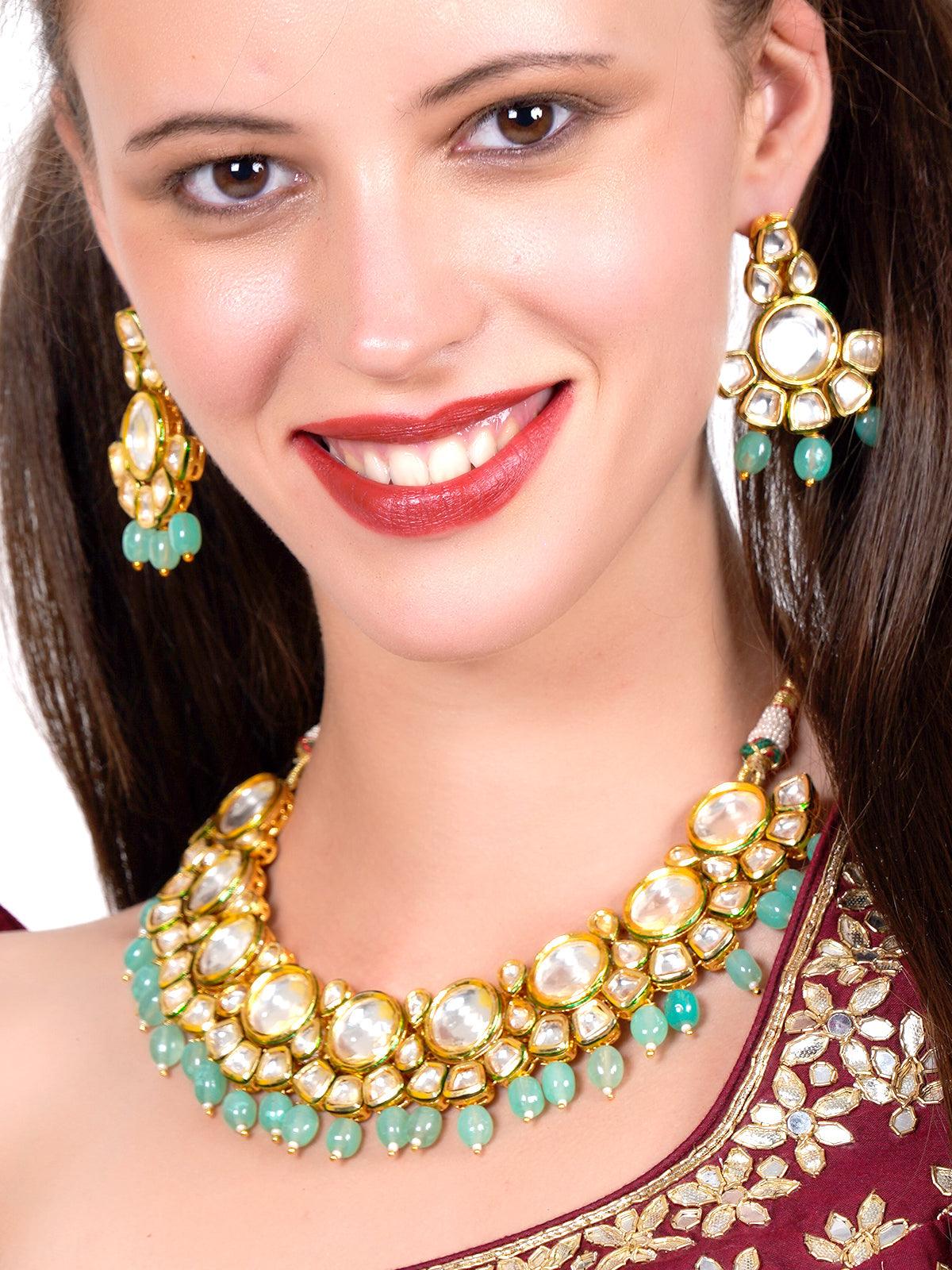 Women's Ethnic Heavy Semiprecious Kundan & Enameled Necklace With Earrings