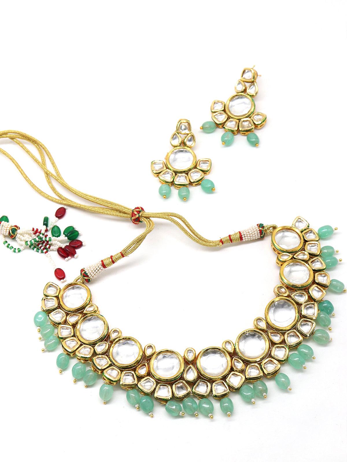 Women's Ethnic Heavy Semiprecious Kundan & Enameled Necklace With Earrings