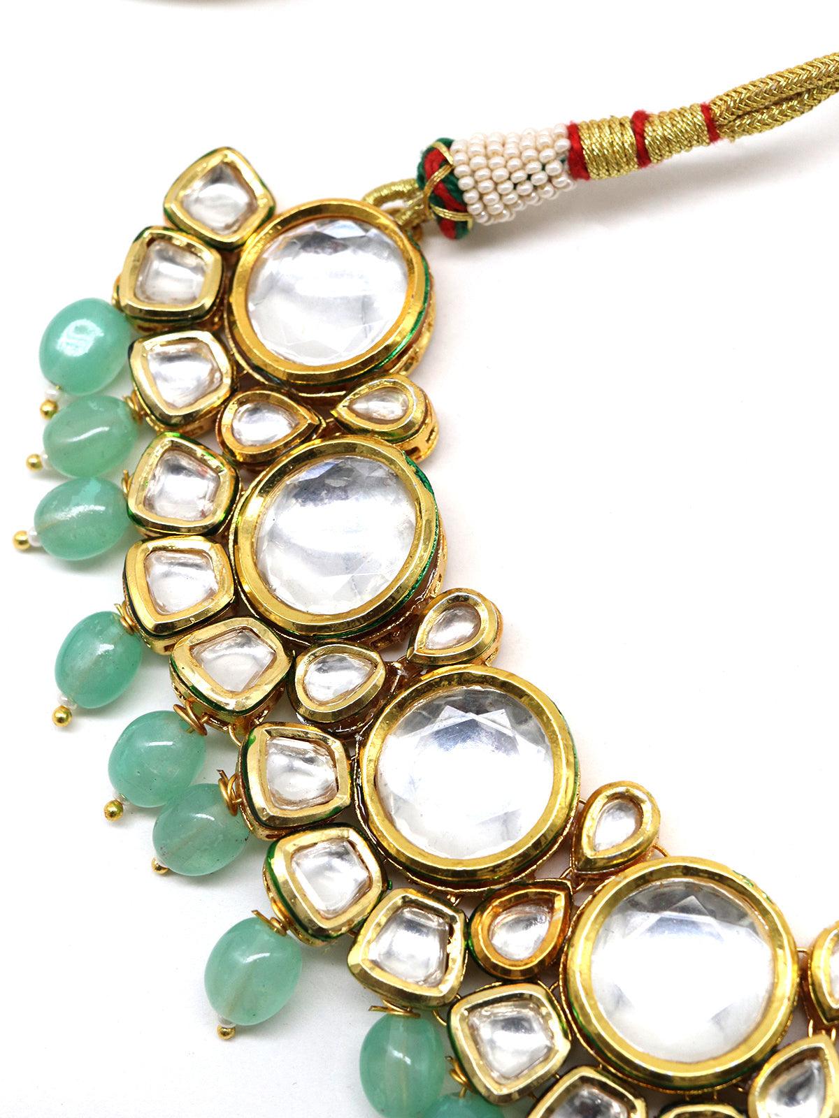 Women's Ethnic Heavy Semiprecious Kundan & Enameled Necklace With Earrings