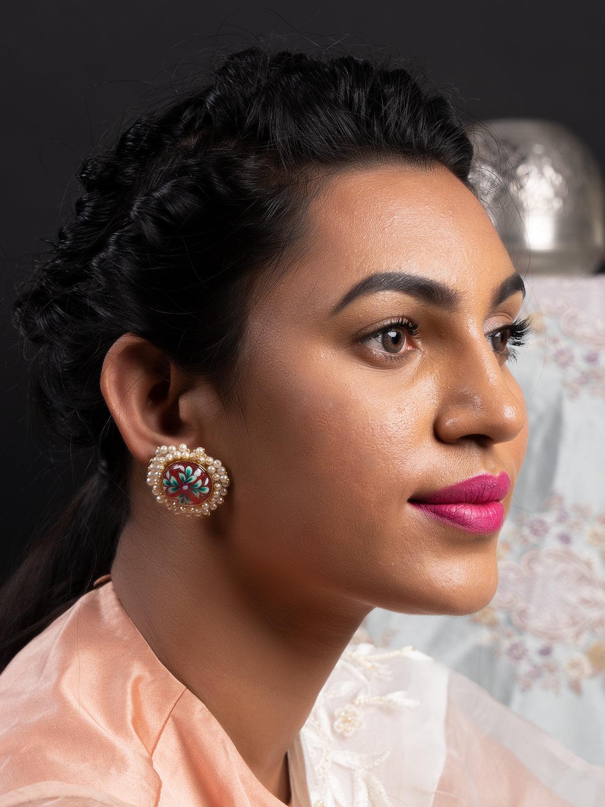 Women's Ethnic Pink Floral Tinted Stud