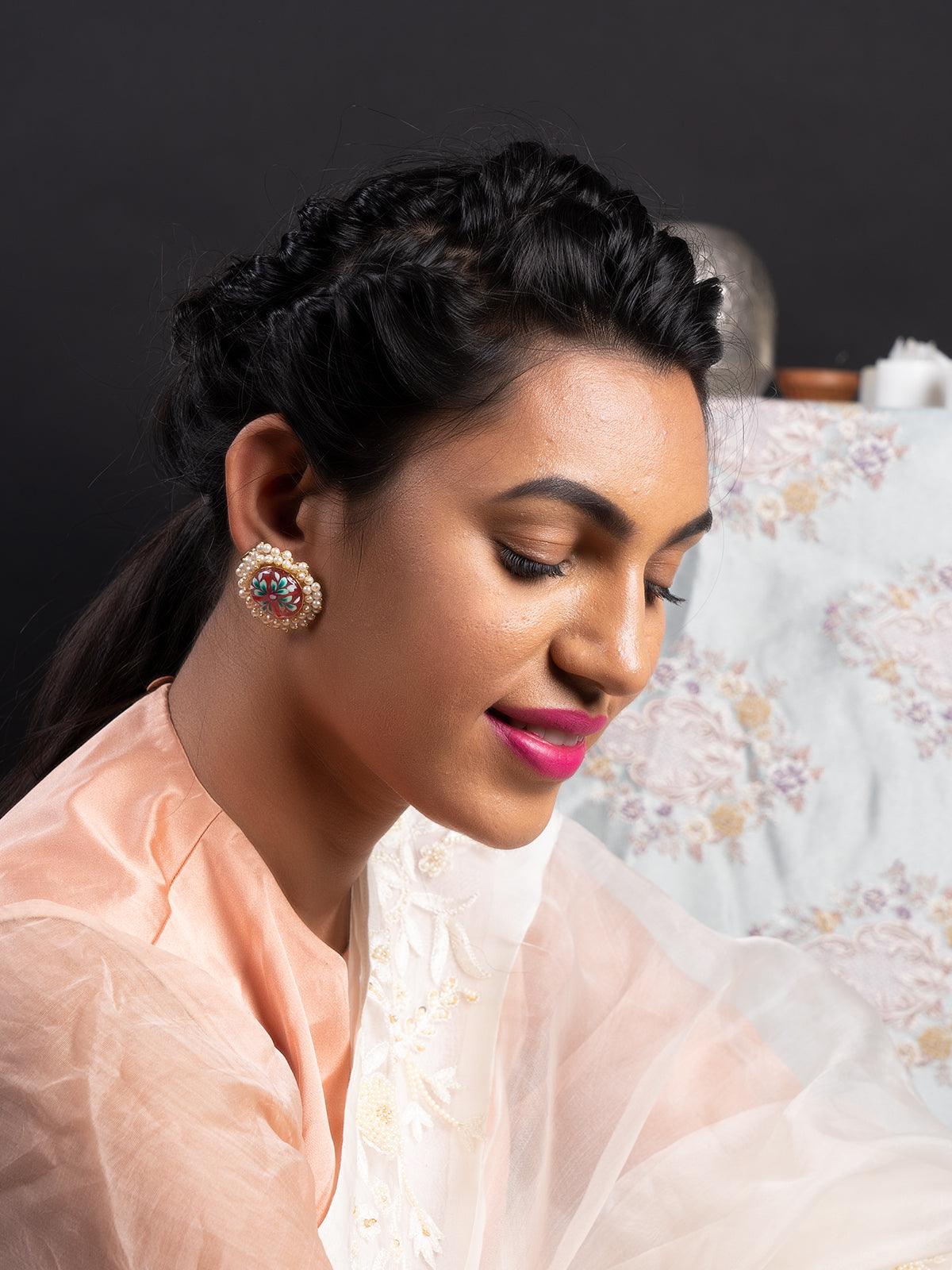 Women's Ethnic Pink Floral Tinted Stud