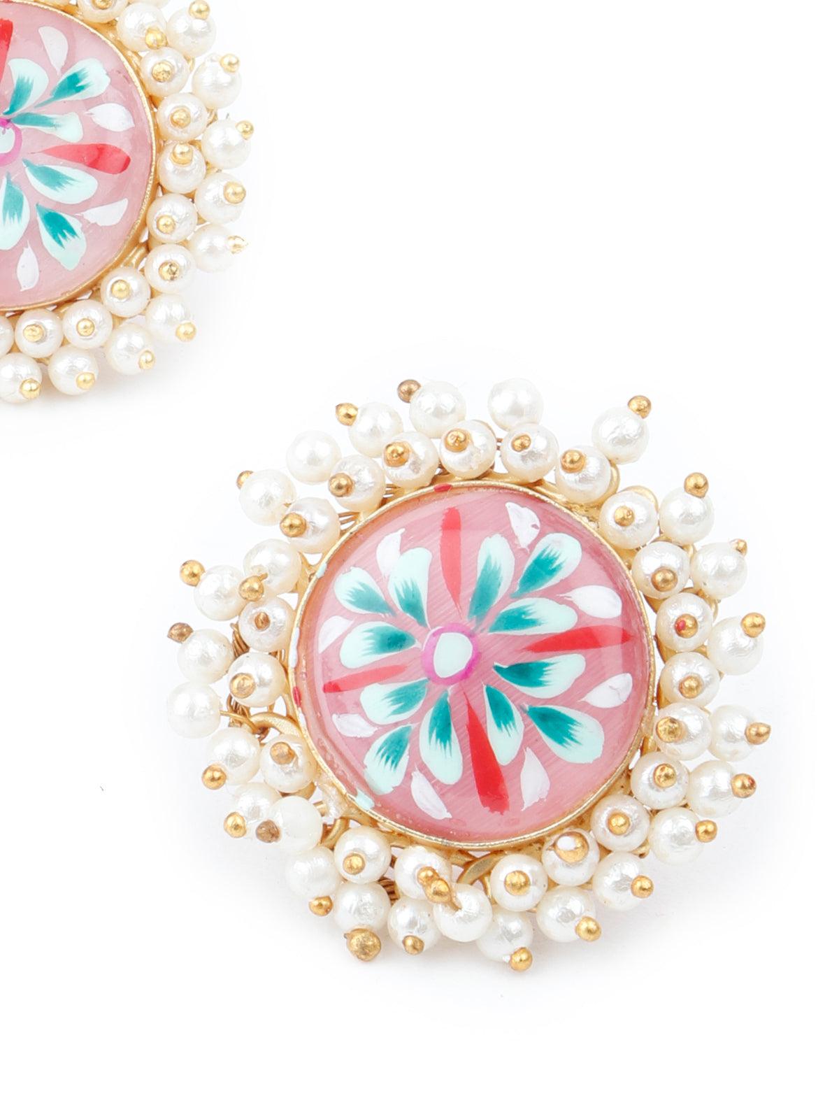 Women's Ethnic Pink Floral Tinted Stud