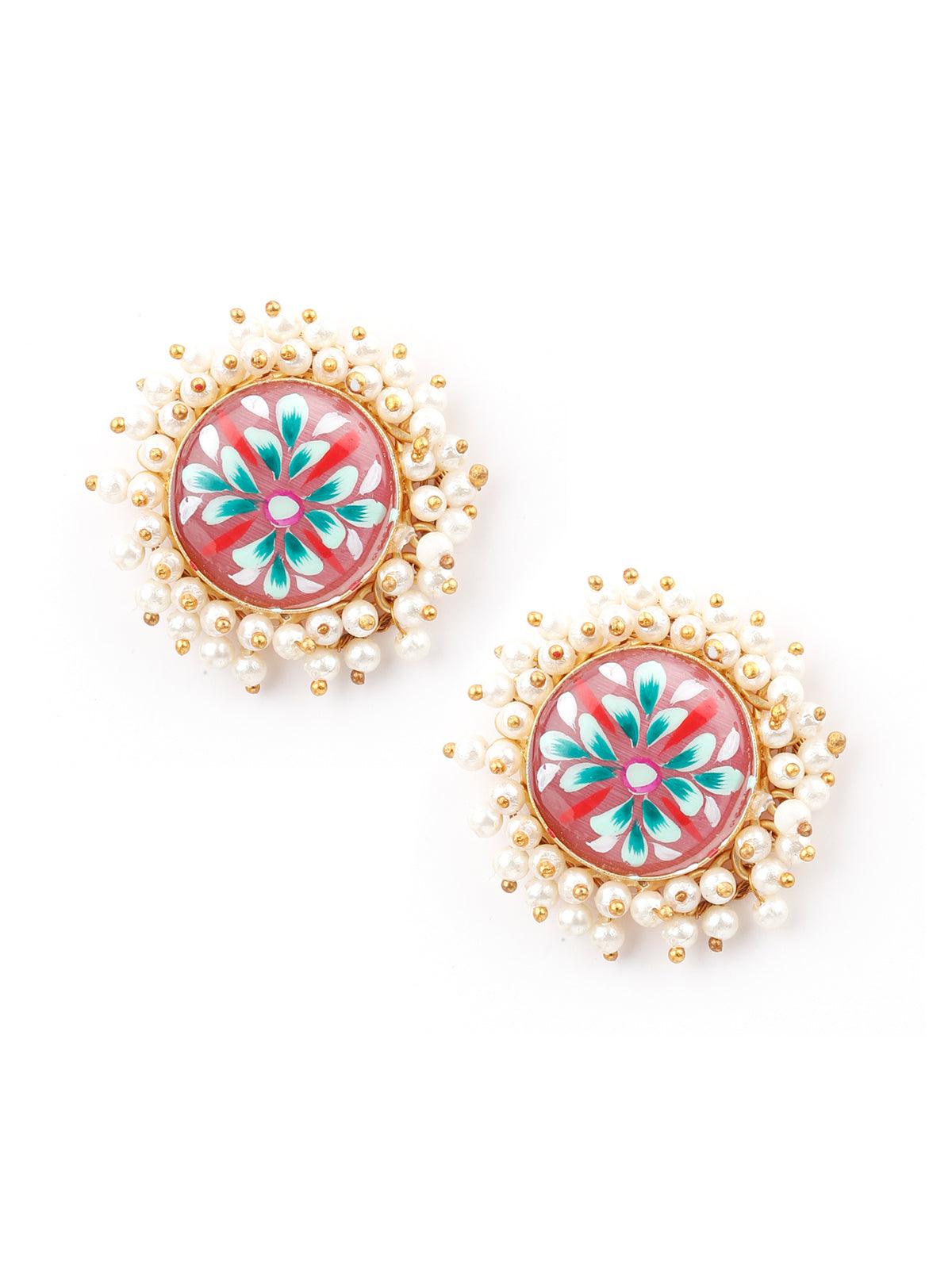 Women's Ethnic Pink Floral Tinted Stud