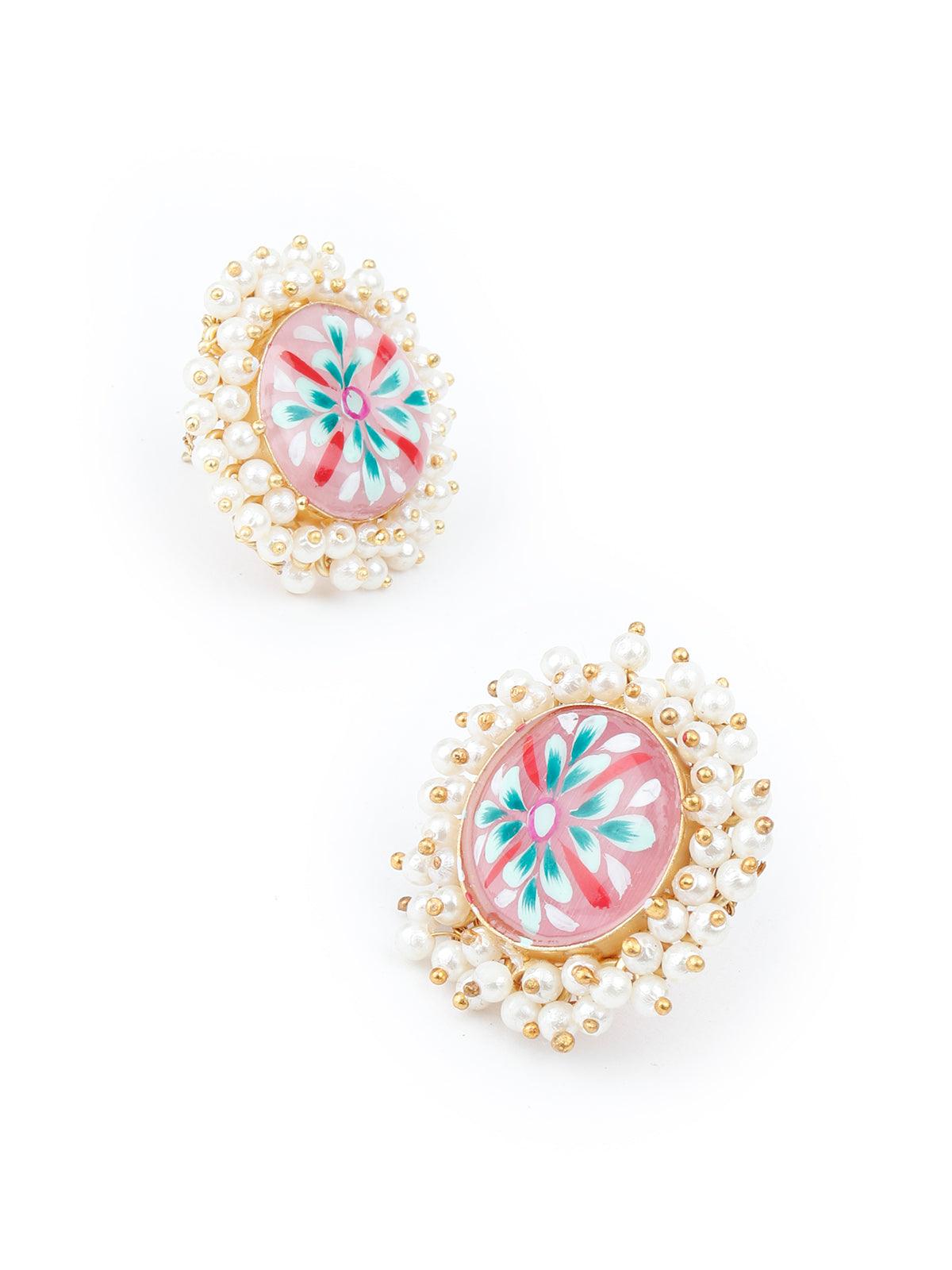 Women's Ethnic Pink Floral Tinted Stud