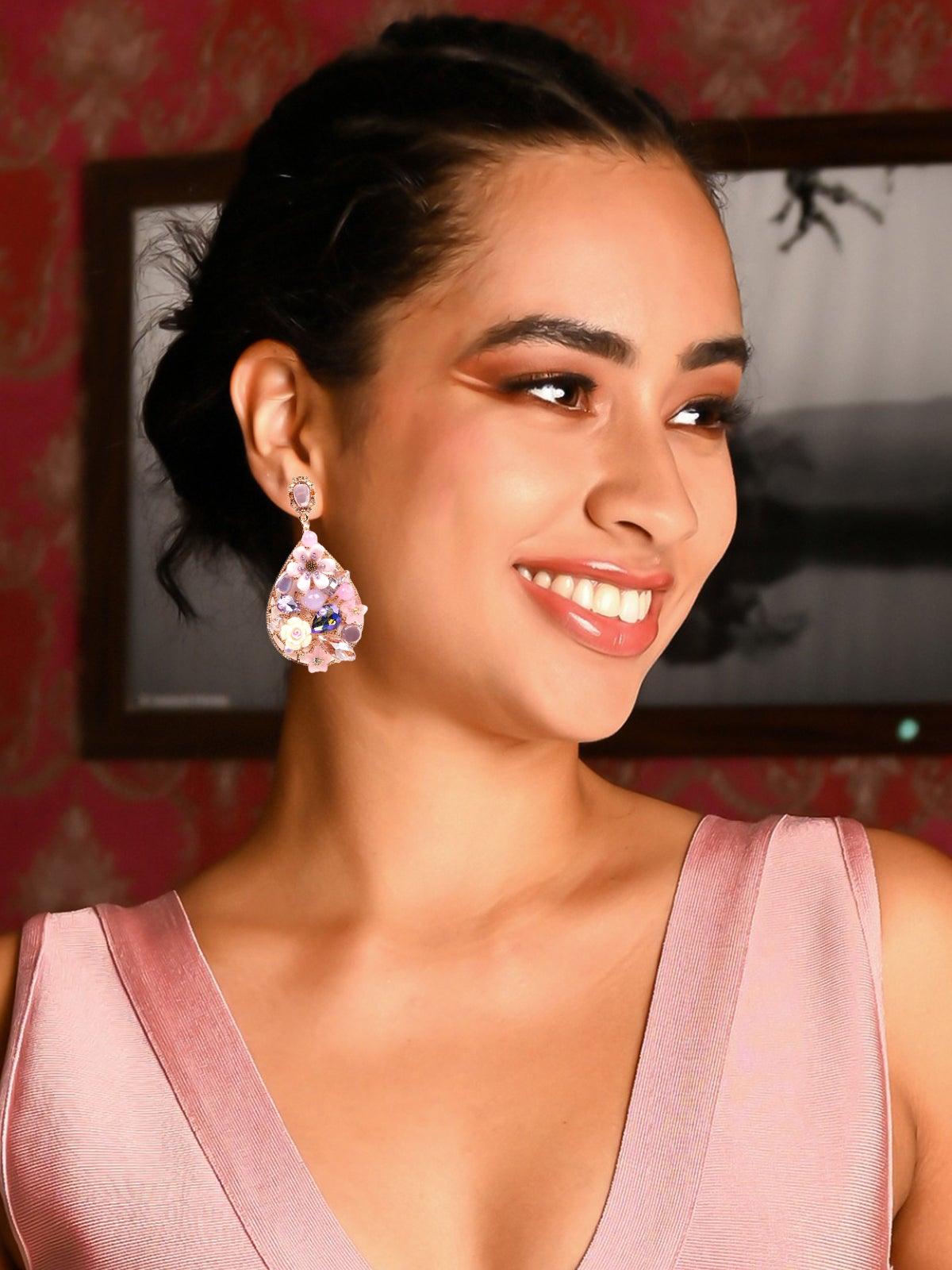 Women's Exquisite Pink 3D Embellished Teardrop Earring