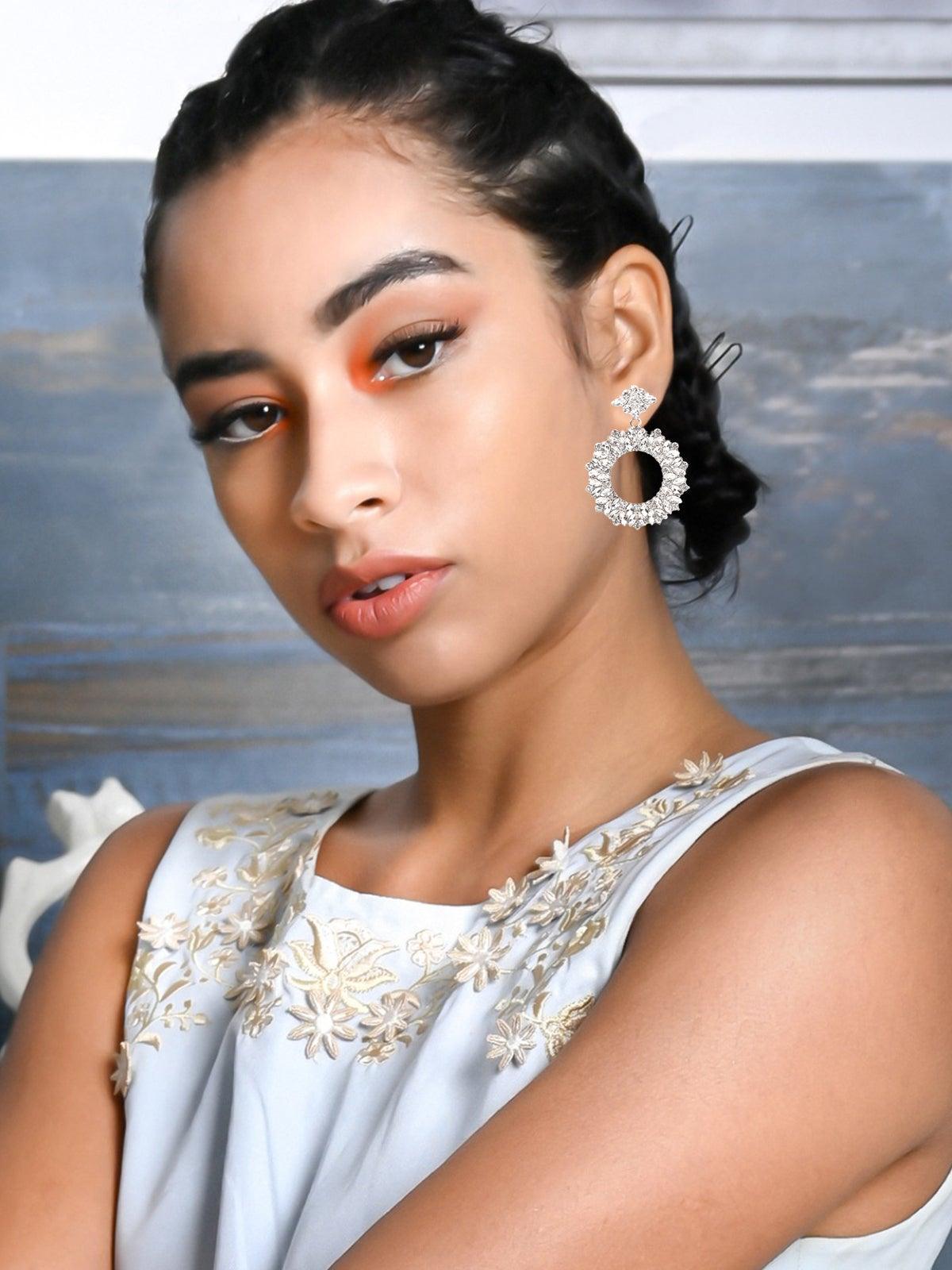 Women's Exquisite Rounded Crystal-Embellished Drop Earrings- Silve