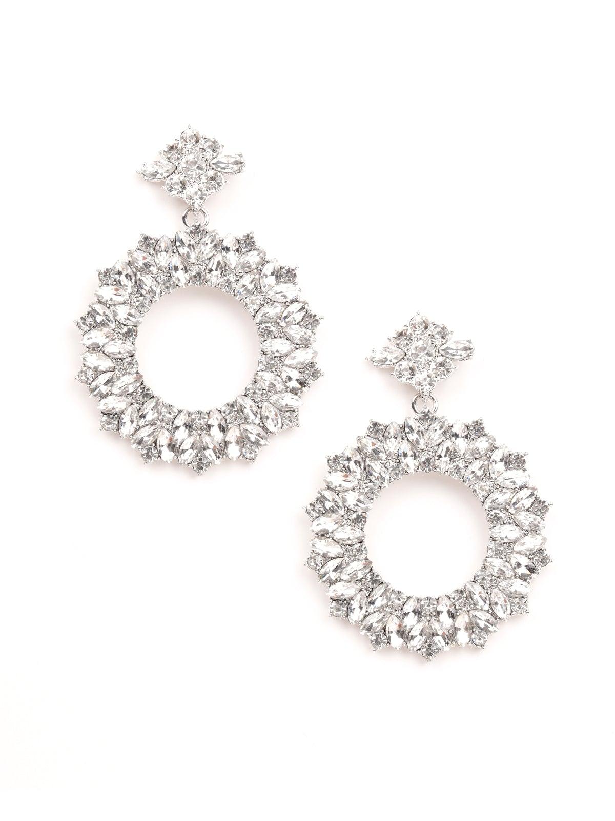 Women's Exquisite Rounded Crystal-Embellished Drop Earrings- Silve