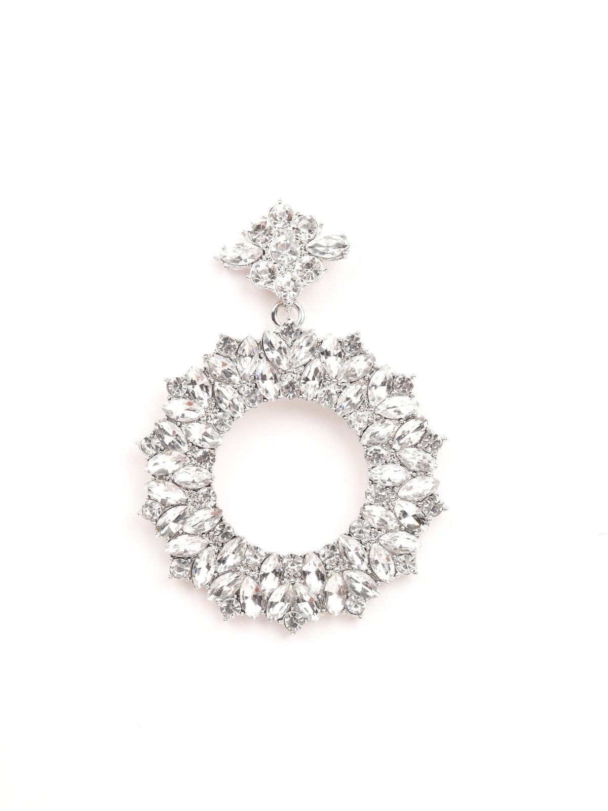 Women's Exquisite Rounded Crystal-Embellished Drop Earrings- Silve