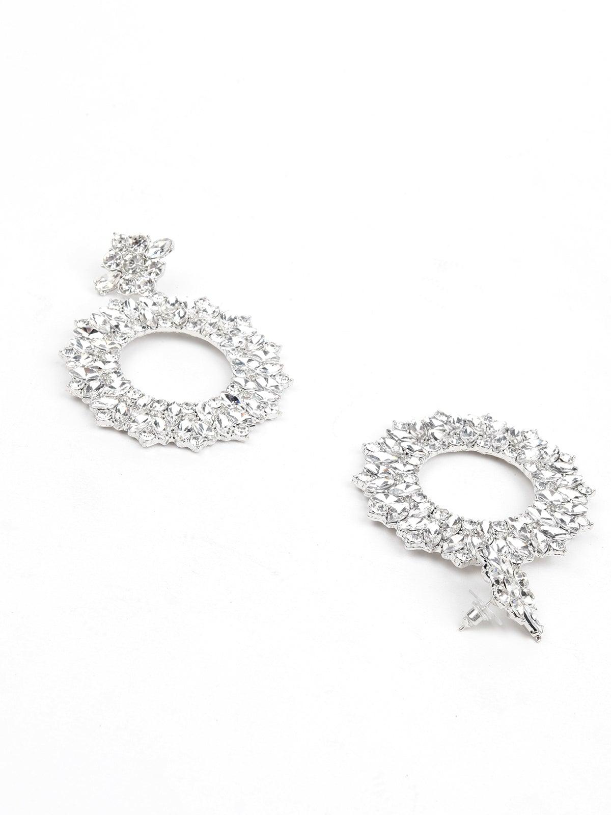 Women's Exquisite Rounded Crystal-Embellished Drop Earrings- Silve