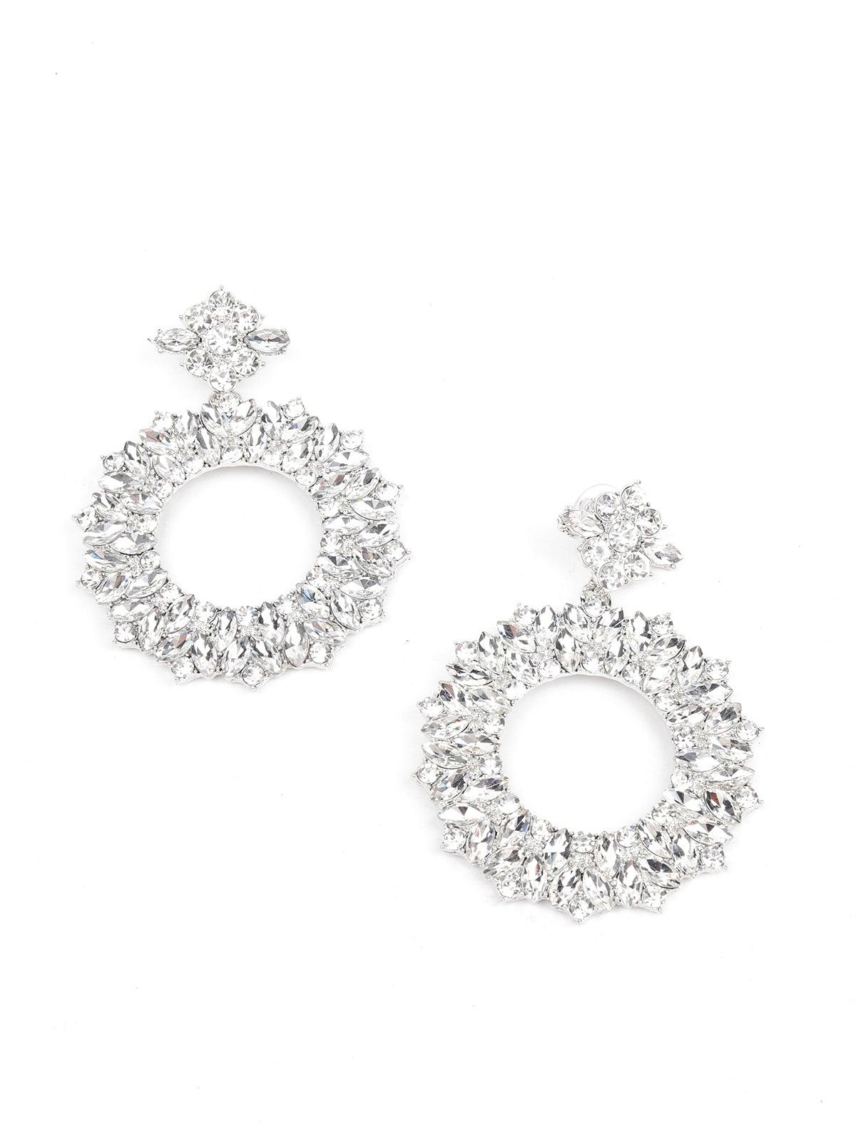 Women's Exquisite Rounded Crystal-Embellished Drop Earrings- Silve
