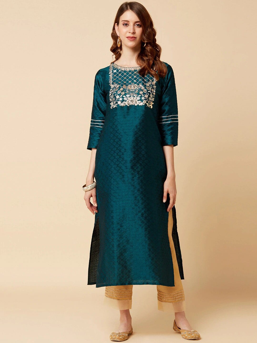 Women's Green & Gold-Toned Yoke Design Straight Embellished Kurta