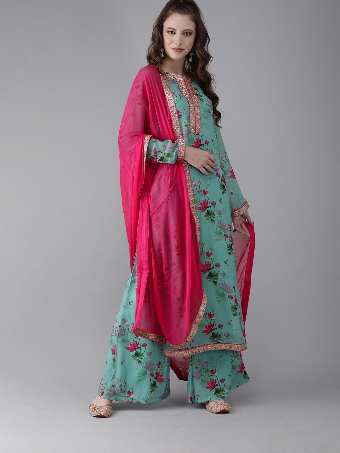 Women's  Turquoise Blue & Pink Printed Kurta with Palazzos & Dupatta