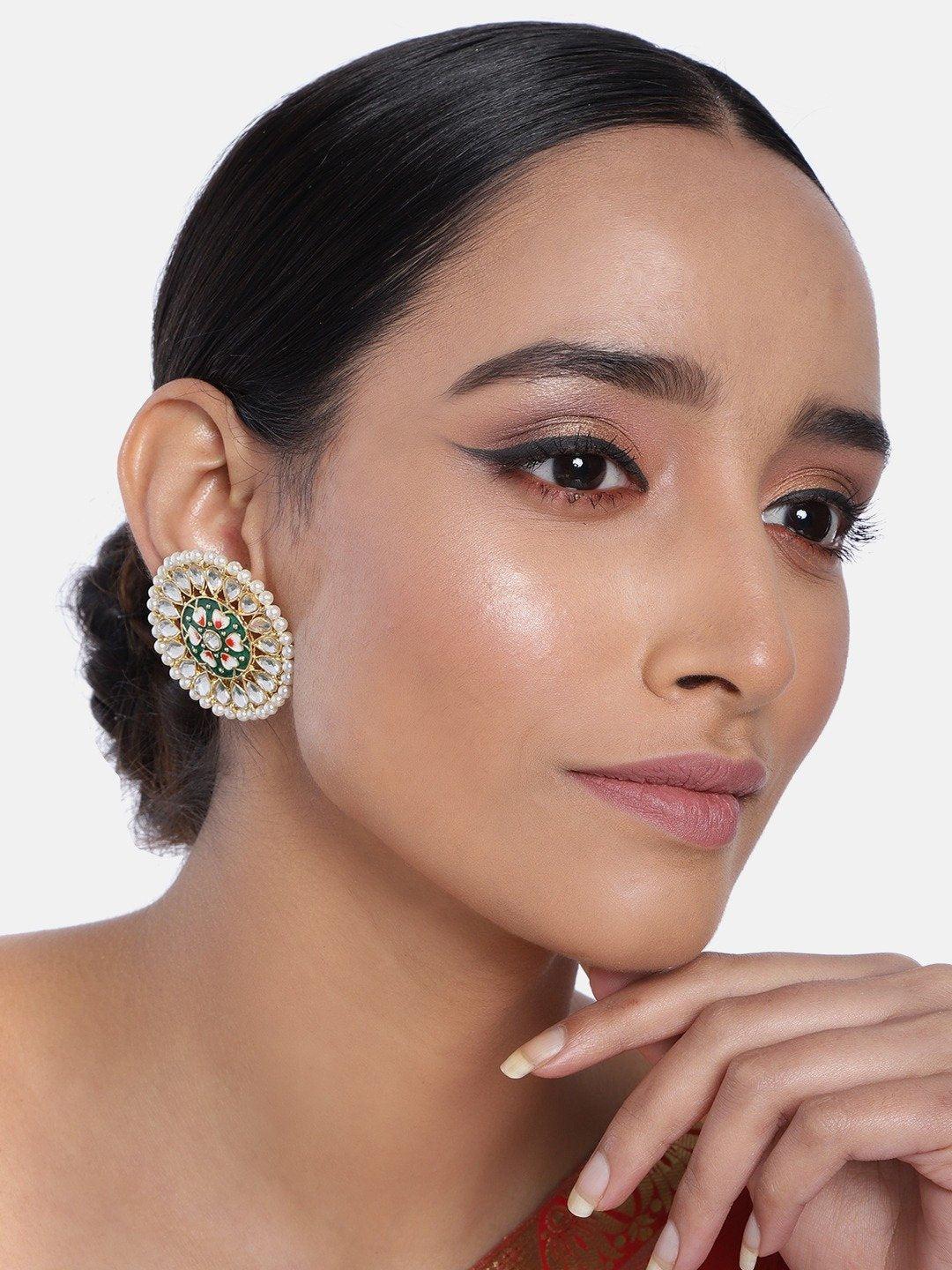 Women's  Gold Plated Round Kundan Pearl Meena Work Handcraft Green Stud Earring
