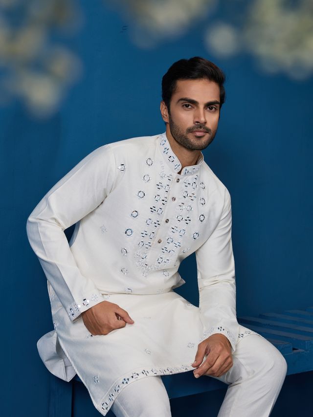 Men's White Viscose Slik Real Mirror Work With Threads Kurta Set