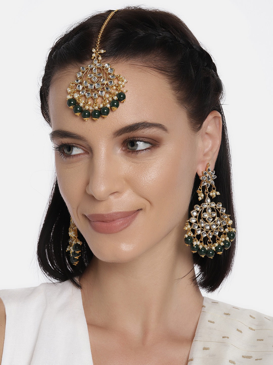 Women's Traditional Gold Plated Chandbali Kundan & Pearl Earring Set with Maang Tikka