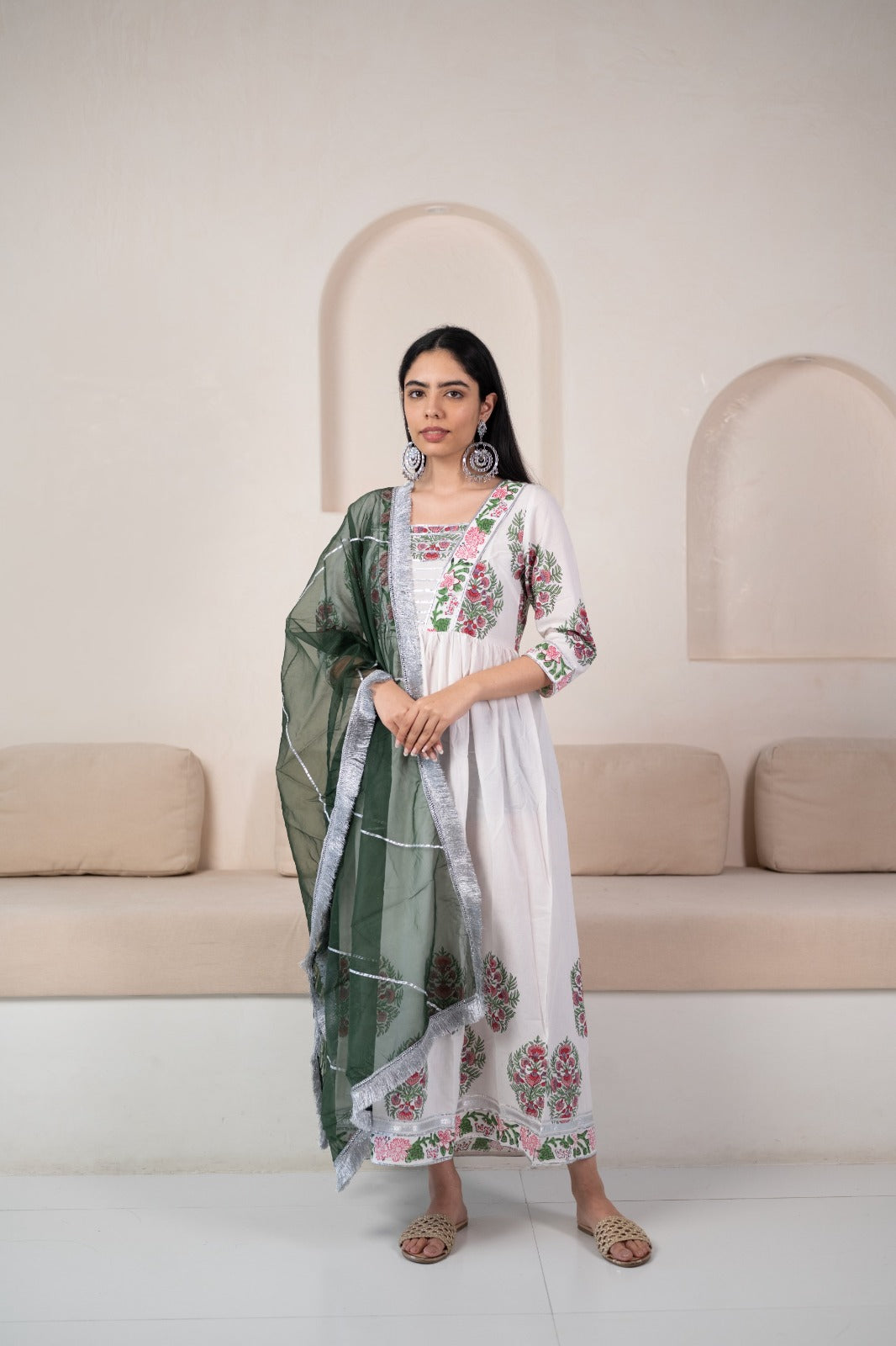 Women’s White Anarkali Gown with Dupatta by Myshka- 2 pc set