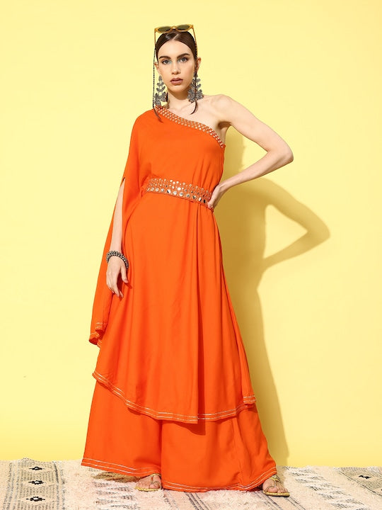 Women's ORANGE ONESHOULDER MIRROR WORK BELTED KURTA SET - InWeave