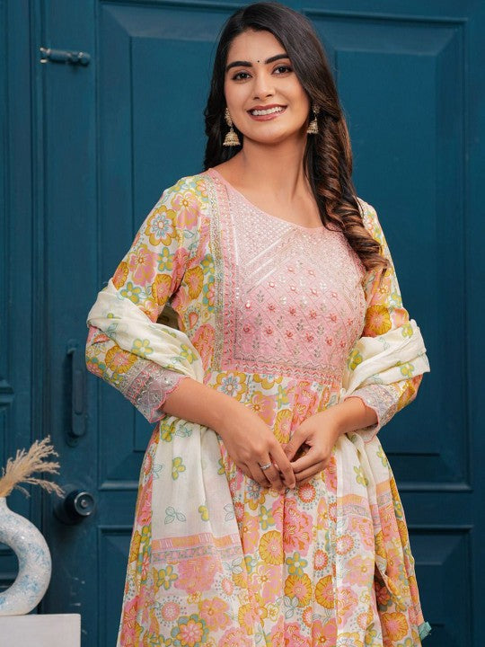 Women's Floral Embroidered Regular Kurta with Palazzos & With Dupatta - Taantav