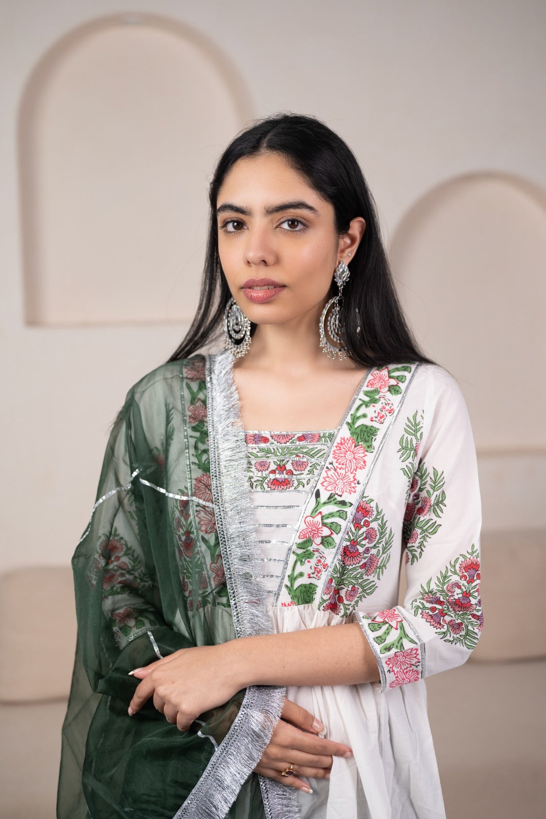 Women’s White Anarkali Gown with Dupatta by Myshka- 2 pc set