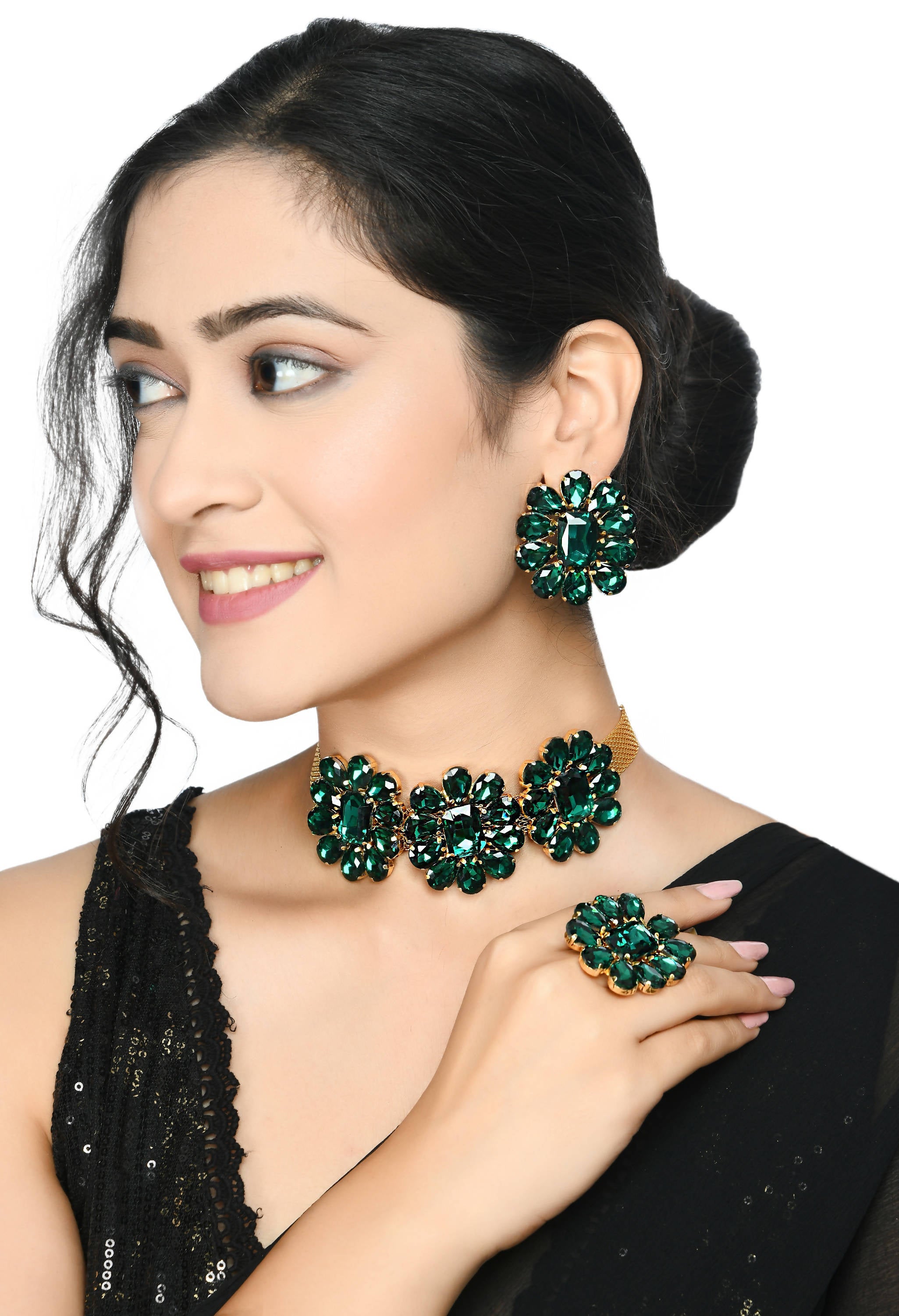 Women's  Designer Golden Plating Choker Set with Earrings and Ring Jkms_174