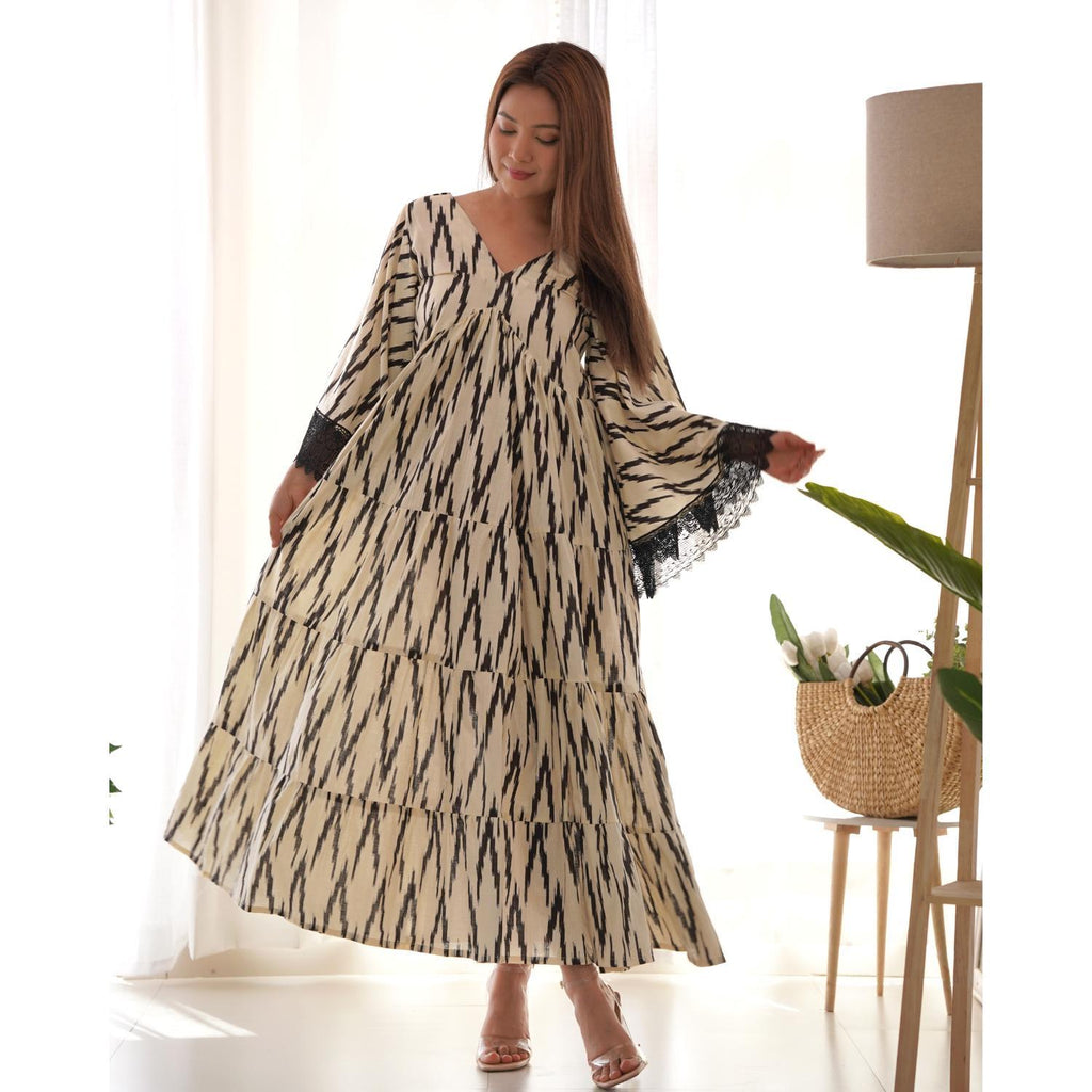 Women's White & Black Ikat Cotton Tiered Flared Dress