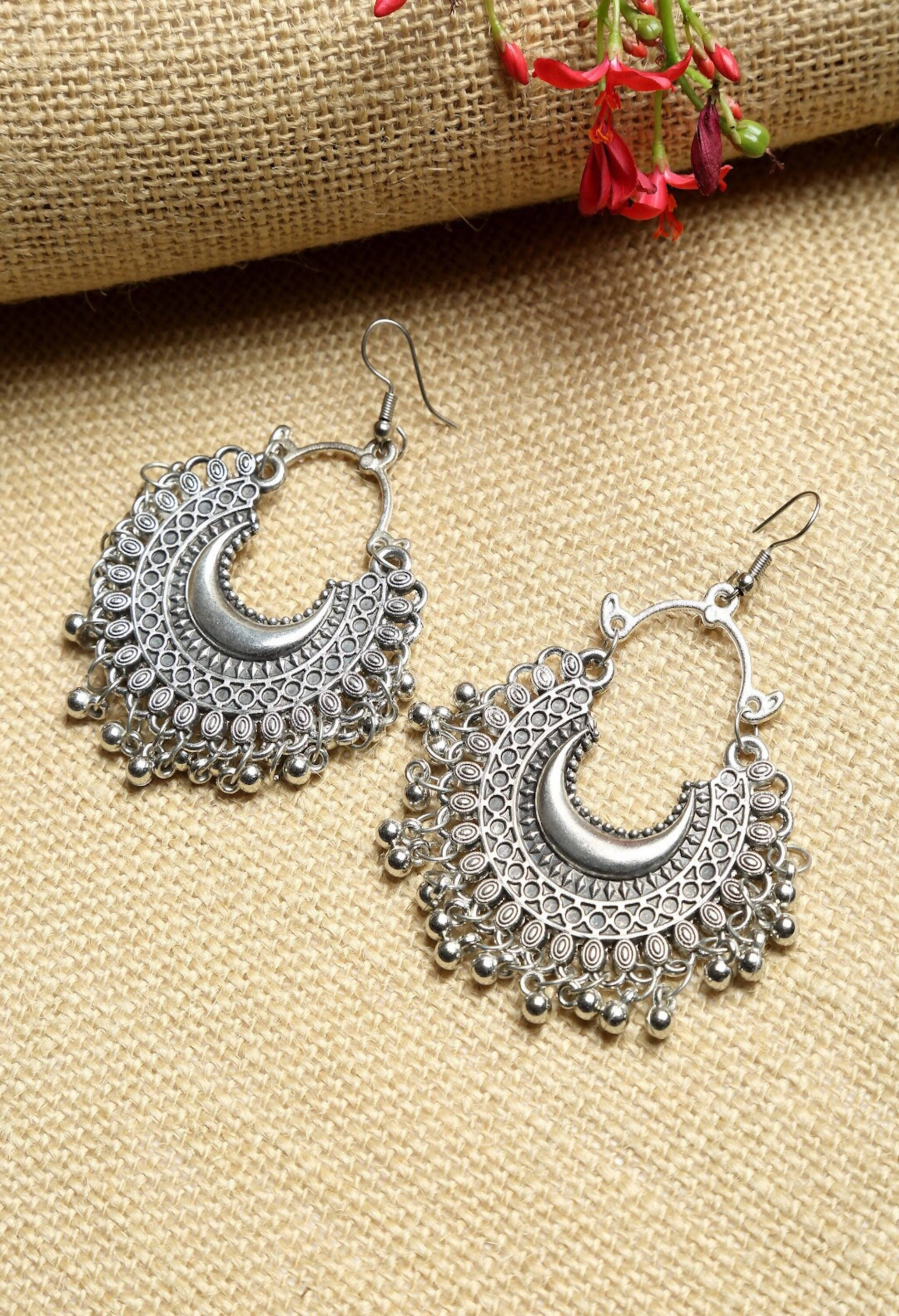 Johar Kamal Oxidised Silver-Plated Chandbali Ear
