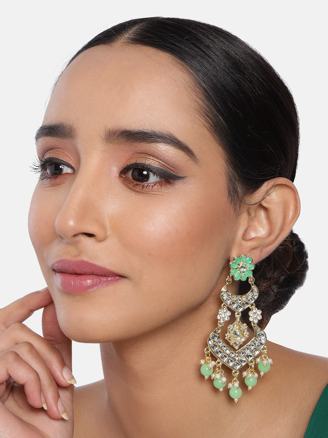 Women's  Gold Plated Mint Handcrafted Earring Glided With Kundan & Pearls
